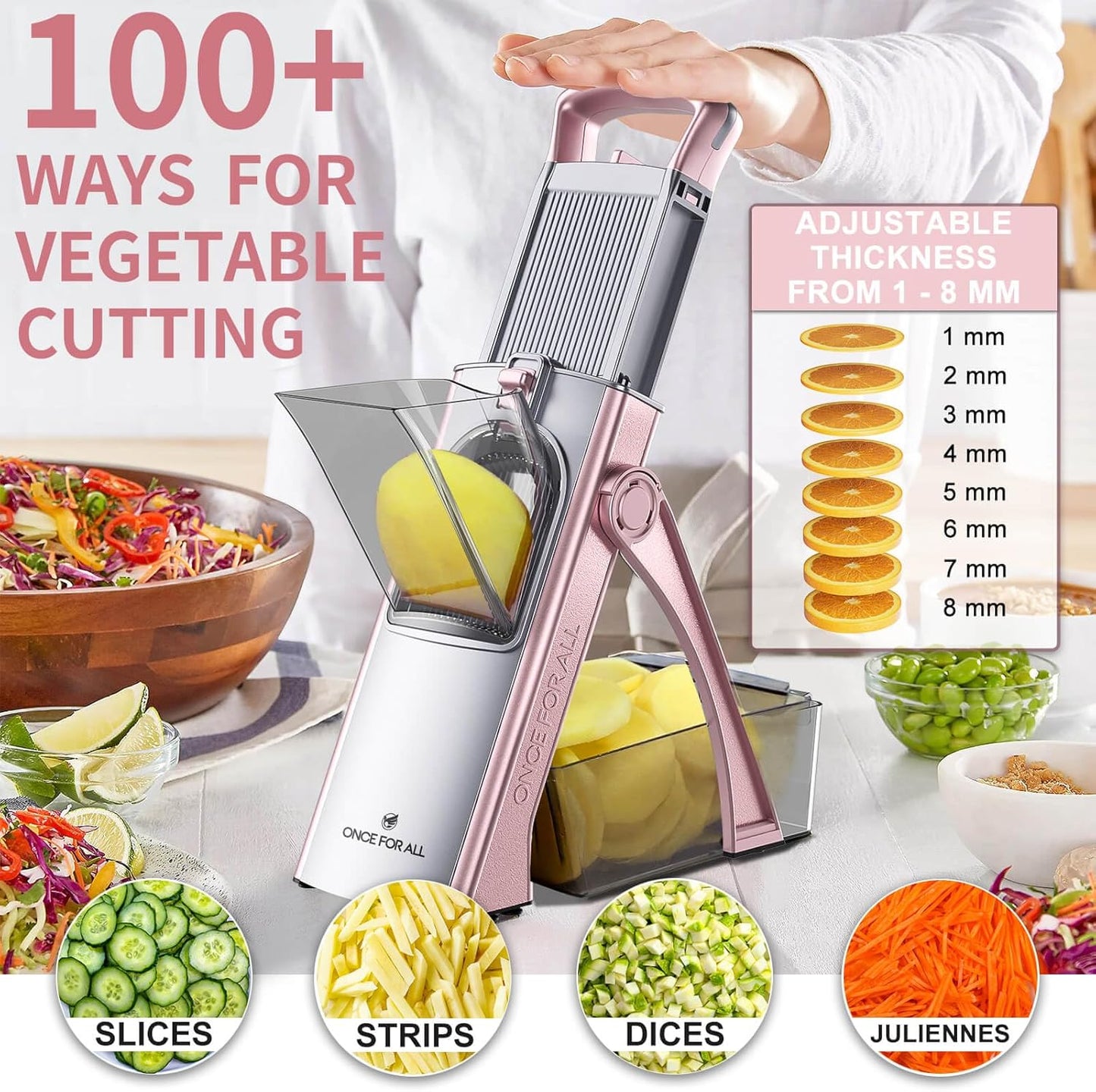ONCE FOR ALL Upgrade Safe Mandoline Slicer Plus, Adjustable Vegetable Food Chopper Potato Fries French Fry Cutter, Detachable Blade, Kitchen Chopping Artifact, New Kitchen Gift (DarkGray)