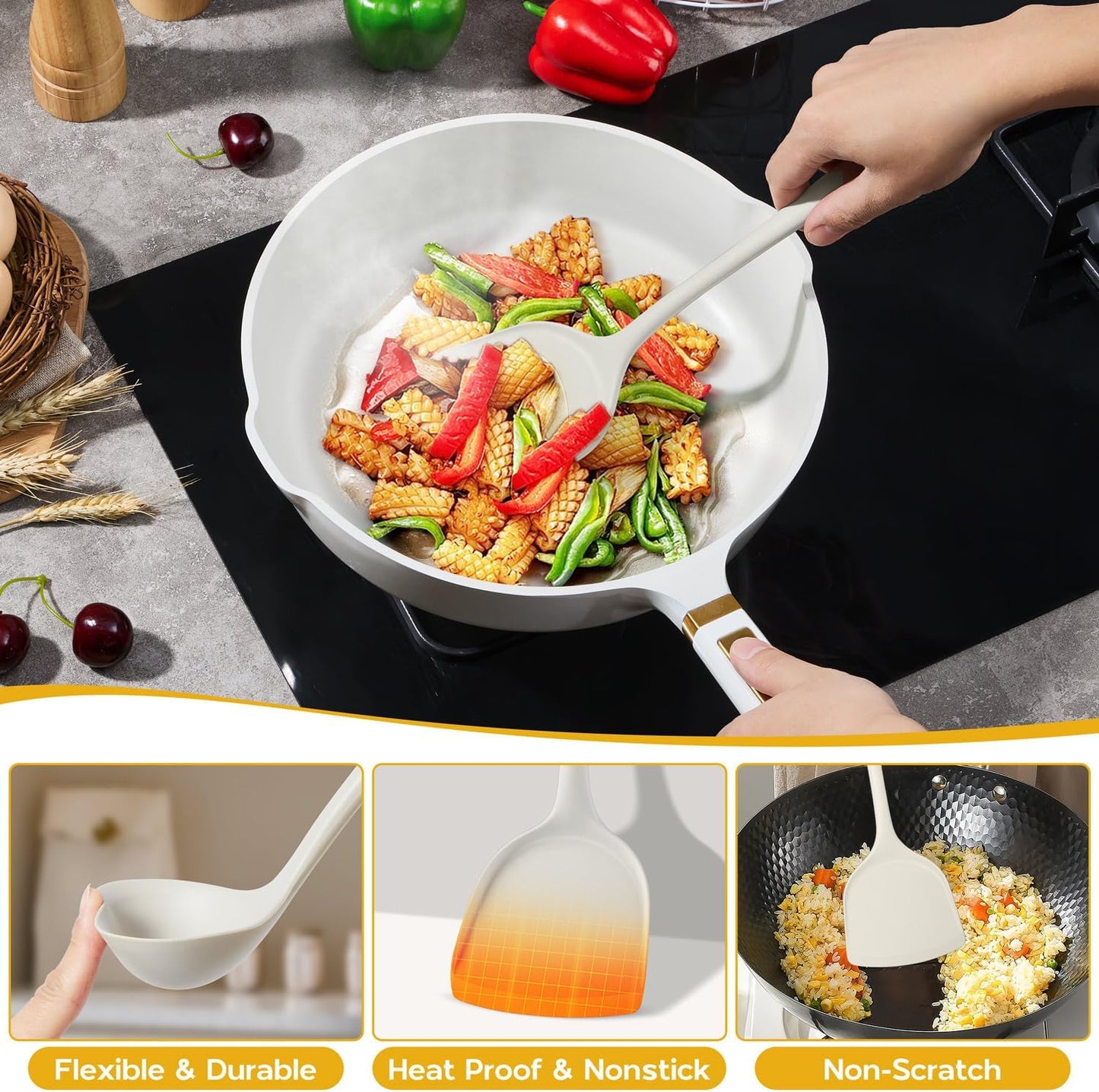 Onader Silicone Cooking Utensils Set of 10, Kitchen Utensils for Nonstick Cookware, Heat Resistant & Nontoxic Spatula Set- Khaki