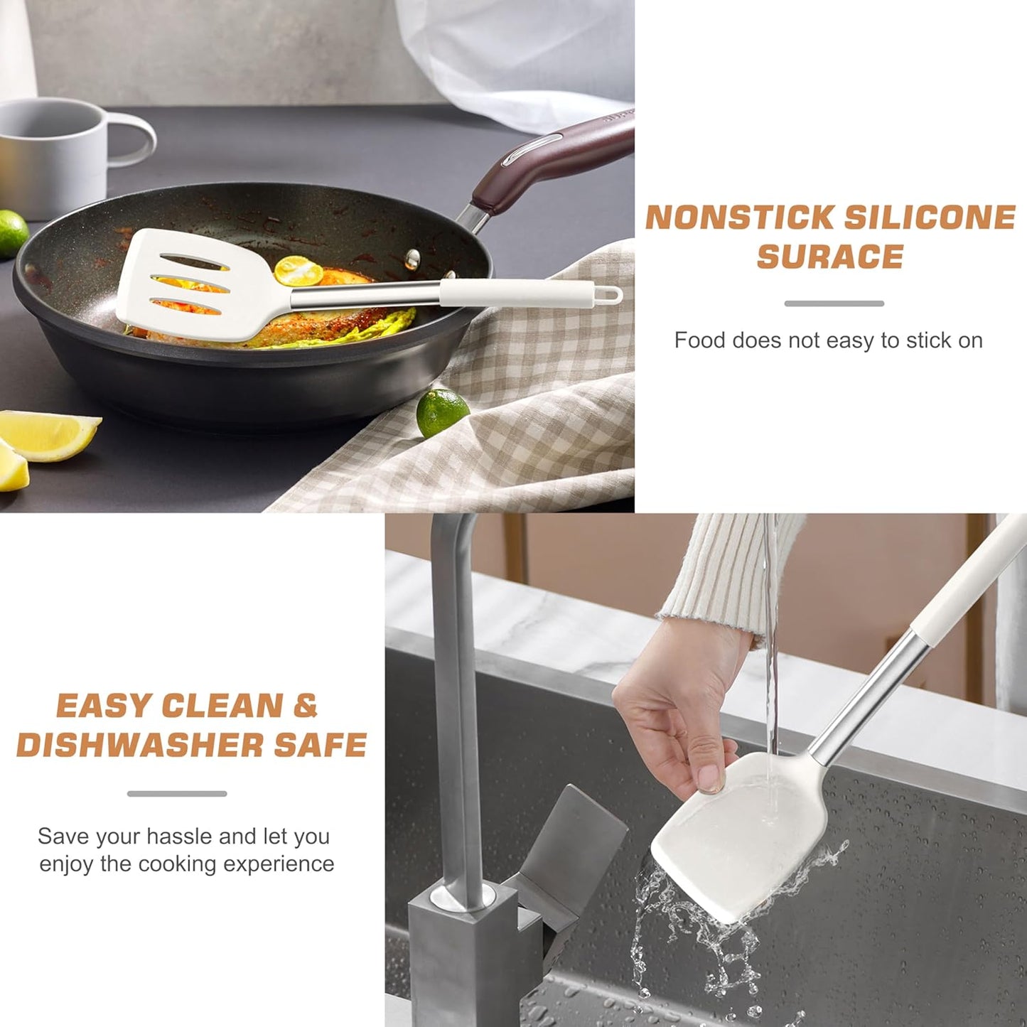 TeamFar Kitchen Utensils, 4 PCS Silicone Cooking Utensils Spatula Spoon Set with Stainless Steel Handle, for Frying Mixing Draining Turning, Healthy & Heat-proof, Non-stick & Dishwasher Safe - Black
