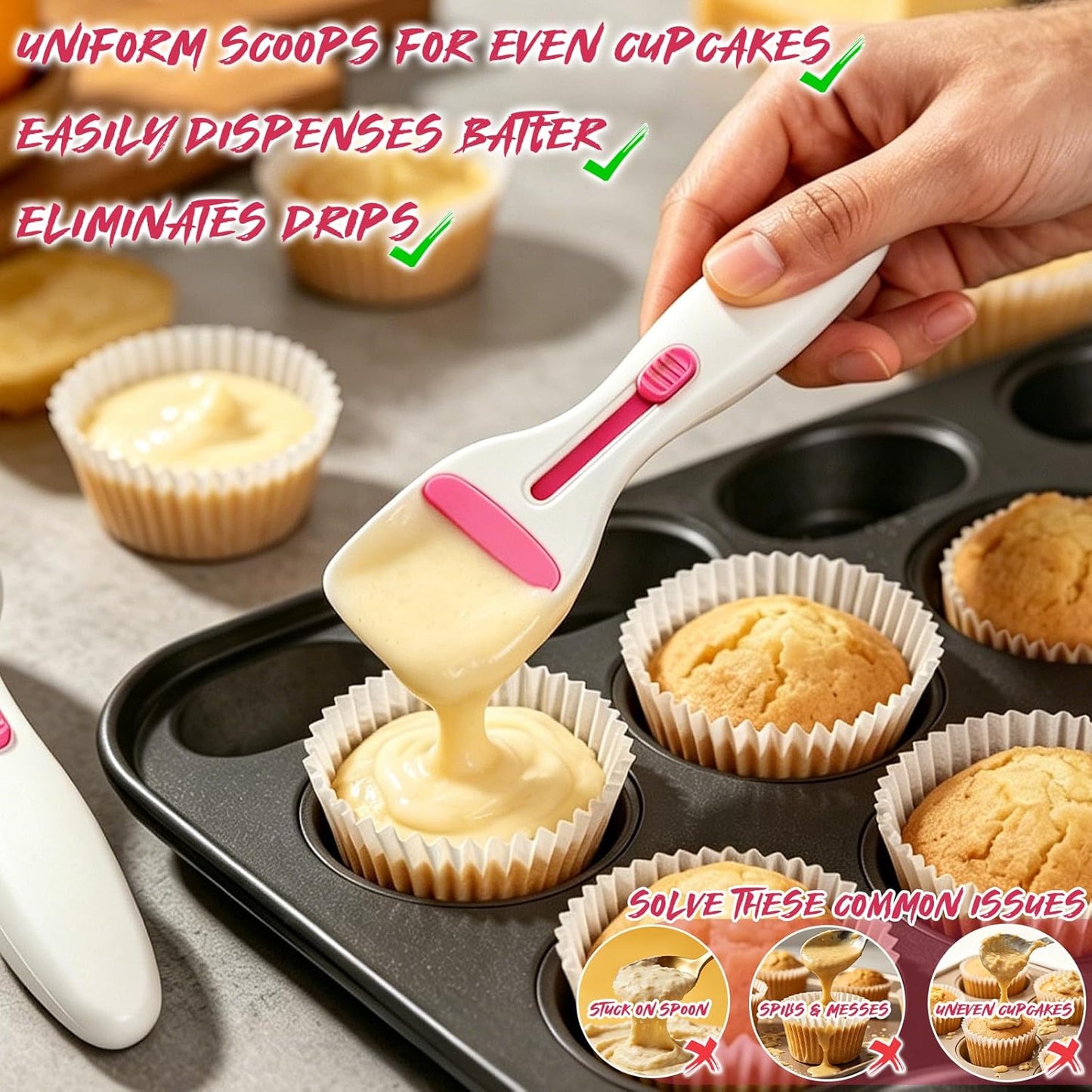 2pcs Pink Pastry Scoop Batter Dispenser with One-Touch Button, Baking & Pastry Dispensing Tool for Muffins, Cupcakes, Cookie Dough & Pancakes, BPA Free Dishwasher Safe Kitchen Gadget