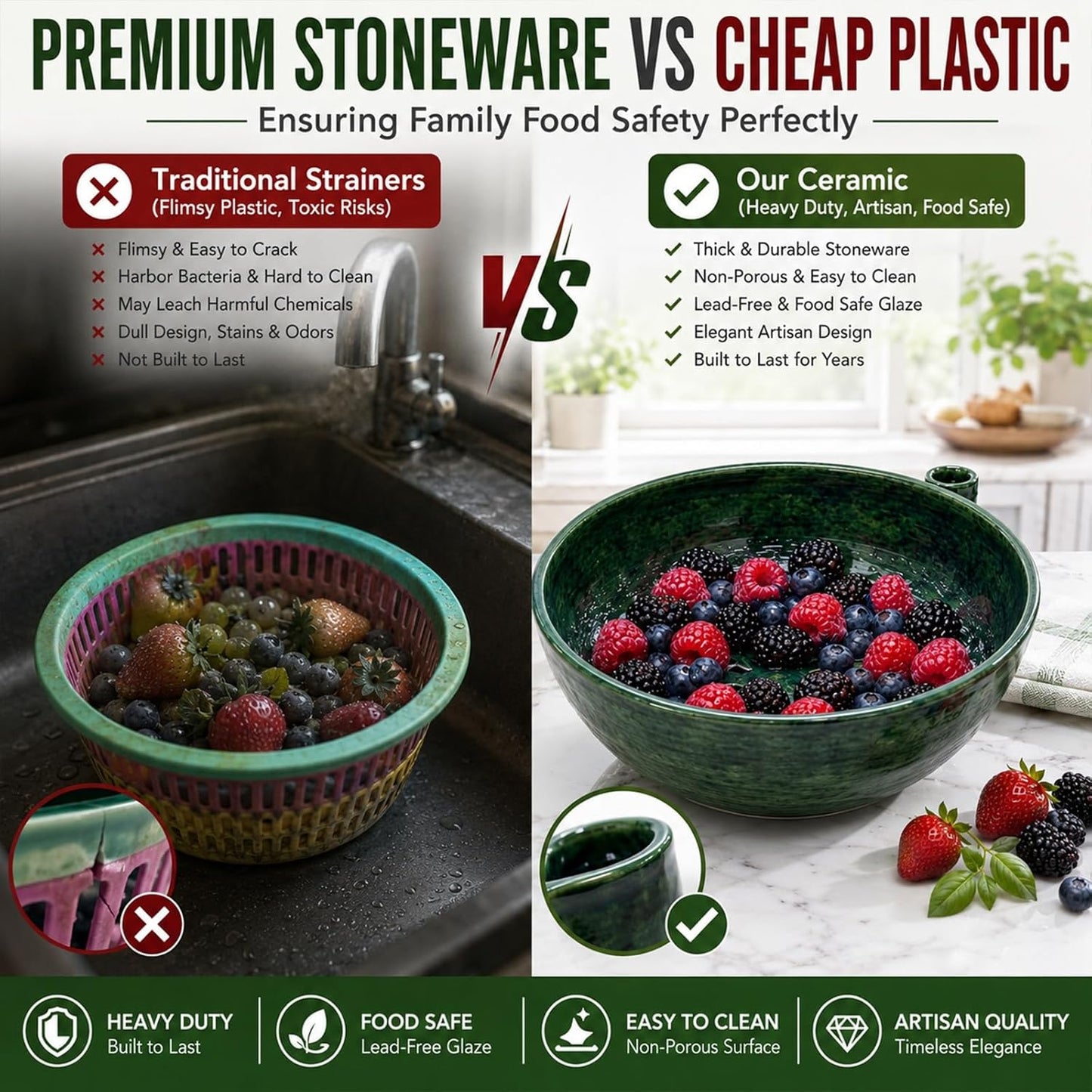 Self Spinning Washing Berry Bowl, Original Ceramic Fruit Vortex Washer with Drainage Holes, Quick Rotating Swirl Colander Basket for Kitchen Counter, Handmade Cleaning Strainer Equipment
