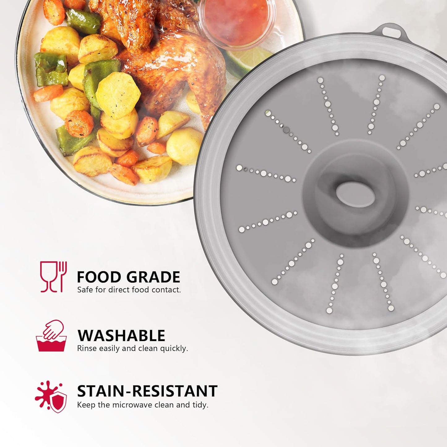WVM Microwave Splatter Cover Vented for Food with Hook Hole, Splatter Guard & Colander Kitchen Gadget for Food, Meal Prep, Grey