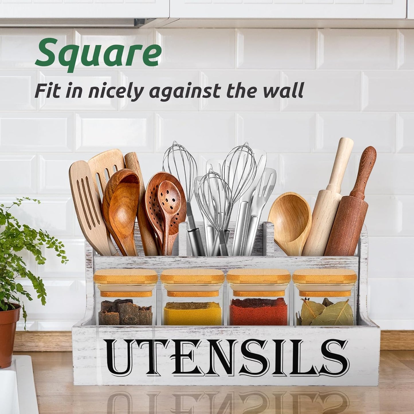 Suli Kitchen Utensils Holder, Wooden Utensil Organizer for Kitchen Countertop, Farmhouse Utensil Storage, Rustic Cooking Utensils ,4 Compartments,- Black
