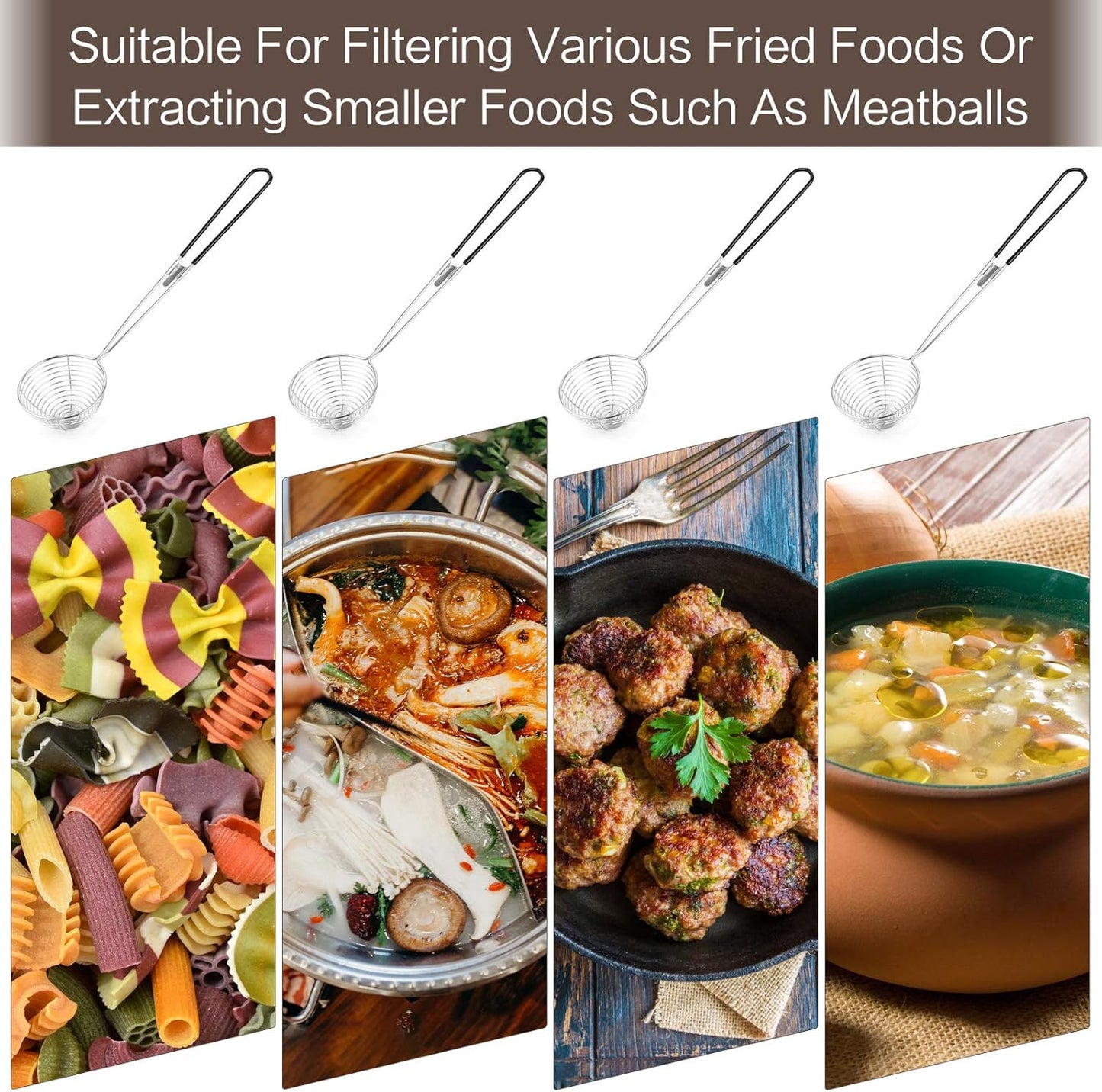 9 Pieces Stainless Steel Spider Strainer Spoon Small Wire Skimmer Colander with Handle for Hot Pot, Tortellini and Meatball