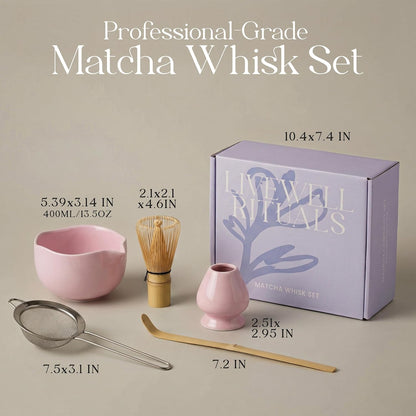 Matcha Whisk Set - Matcha Set Kit with Ceramic Matcha Bowl, Bamboo Whisk & Holder, Stainless Steel Sifter, Bamboo Spoon - Lead-Free 5 Pcs Ceremony Kit for Authentic Tea Ritual, Pink
