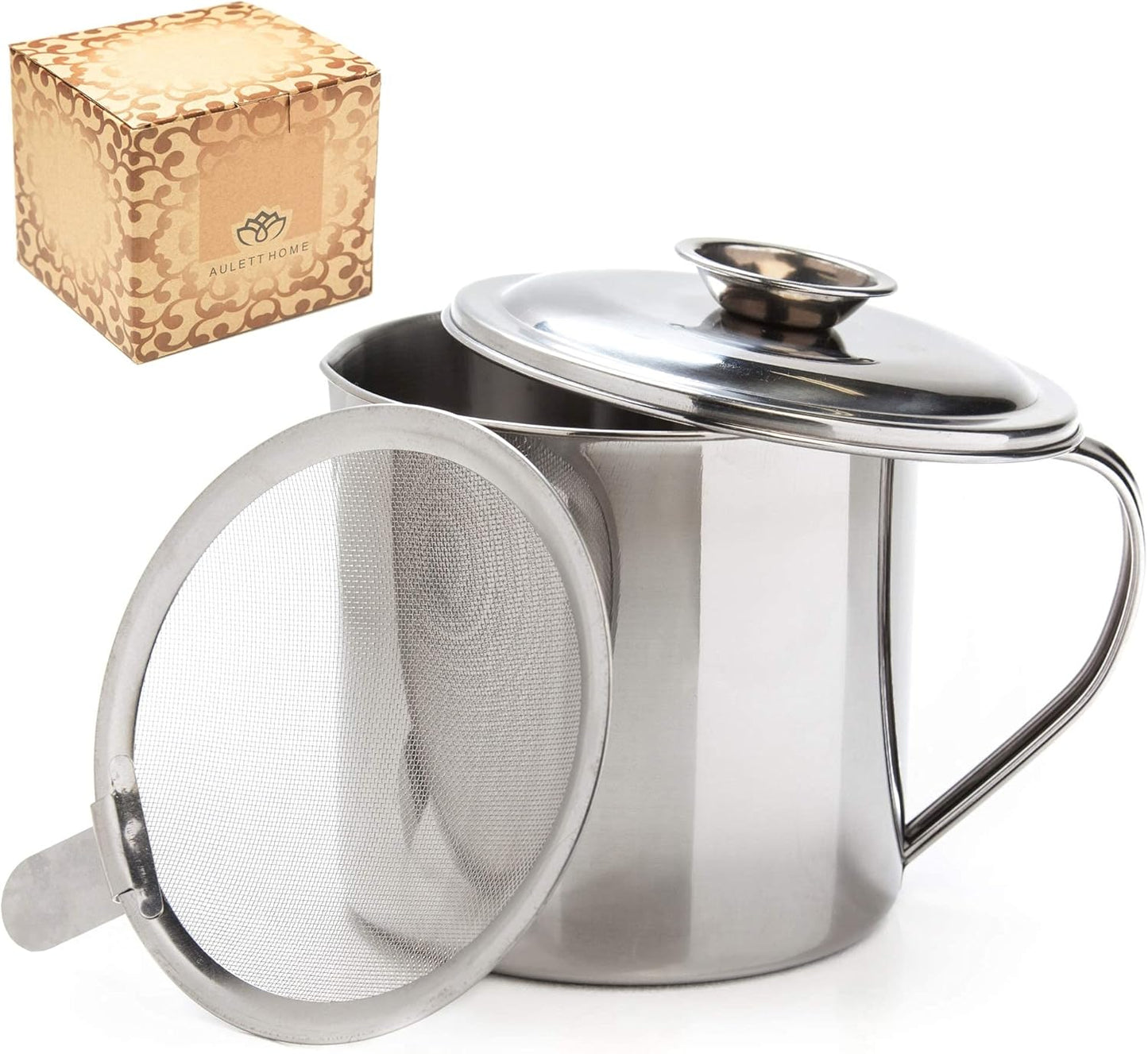 Bacon Fat Container with Oil Strainer - 40 oz Stainless Steel Grease Separator for Kitchen - Oil Separator for Cooking, Storing Fats, Drippings - Grease Keeper for Bacon Fat - 4.5x4.9-Inch
