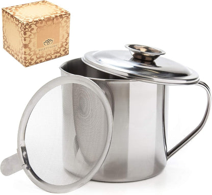 Bacon Fat Container with Oil Strainer - 40 oz Stainless Steel Grease Separator for Kitchen - Oil Separator for Cooking, Storing Fats, Drippings - Grease Keeper for Bacon Fat - 4.5x4.9-Inch