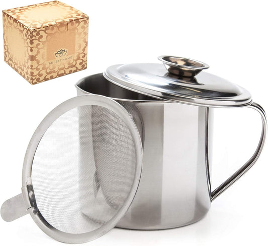 Bacon Fat Container with Oil Strainer - 40 oz Stainless Steel Grease Separator for Kitchen - Oil Separator for Cooking, Storing Fats, Drippings - Grease Keeper for Bacon Fat - 4.5x4.9-Inch