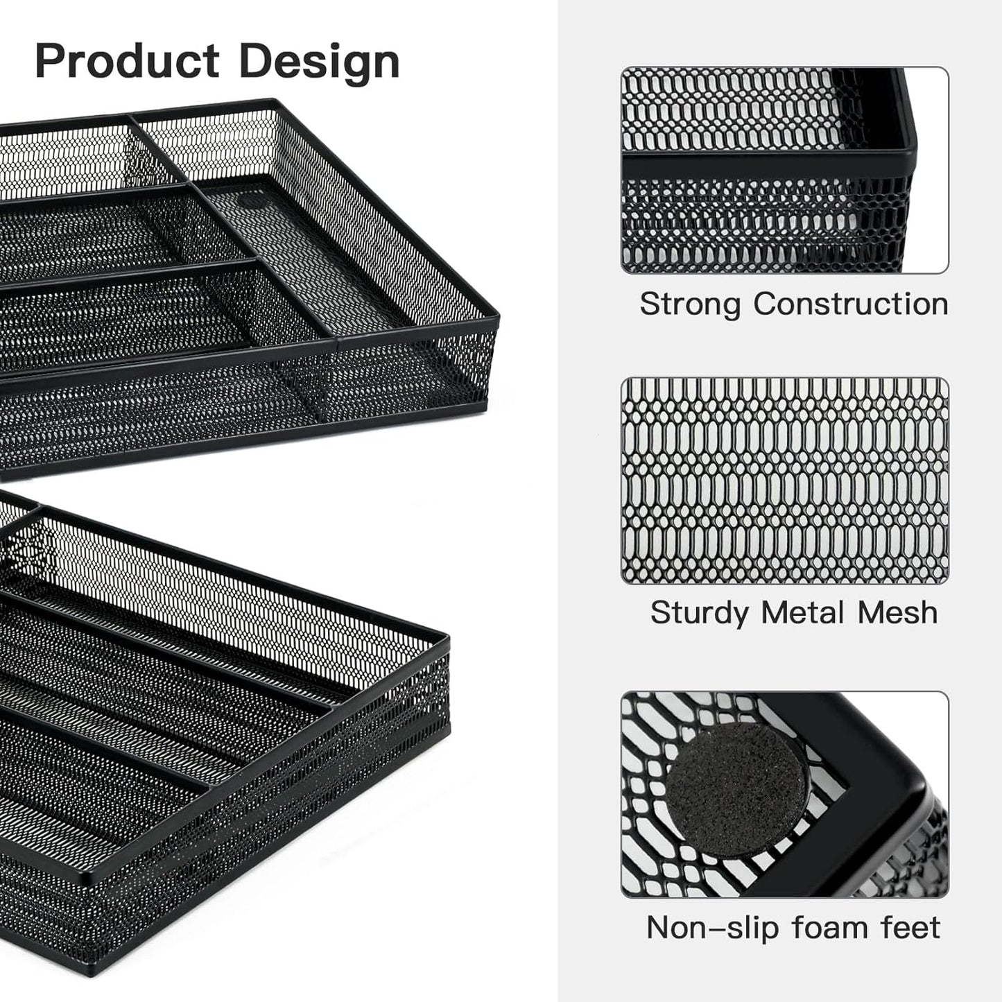 Neudeco Silverware Drawer Organizer - 5 Compartment Cutlery Tray with Non-Slip Feet, Mesh Wire Flatware Storage Divider for Kitchen, Bedroom, Living Room (Silver)