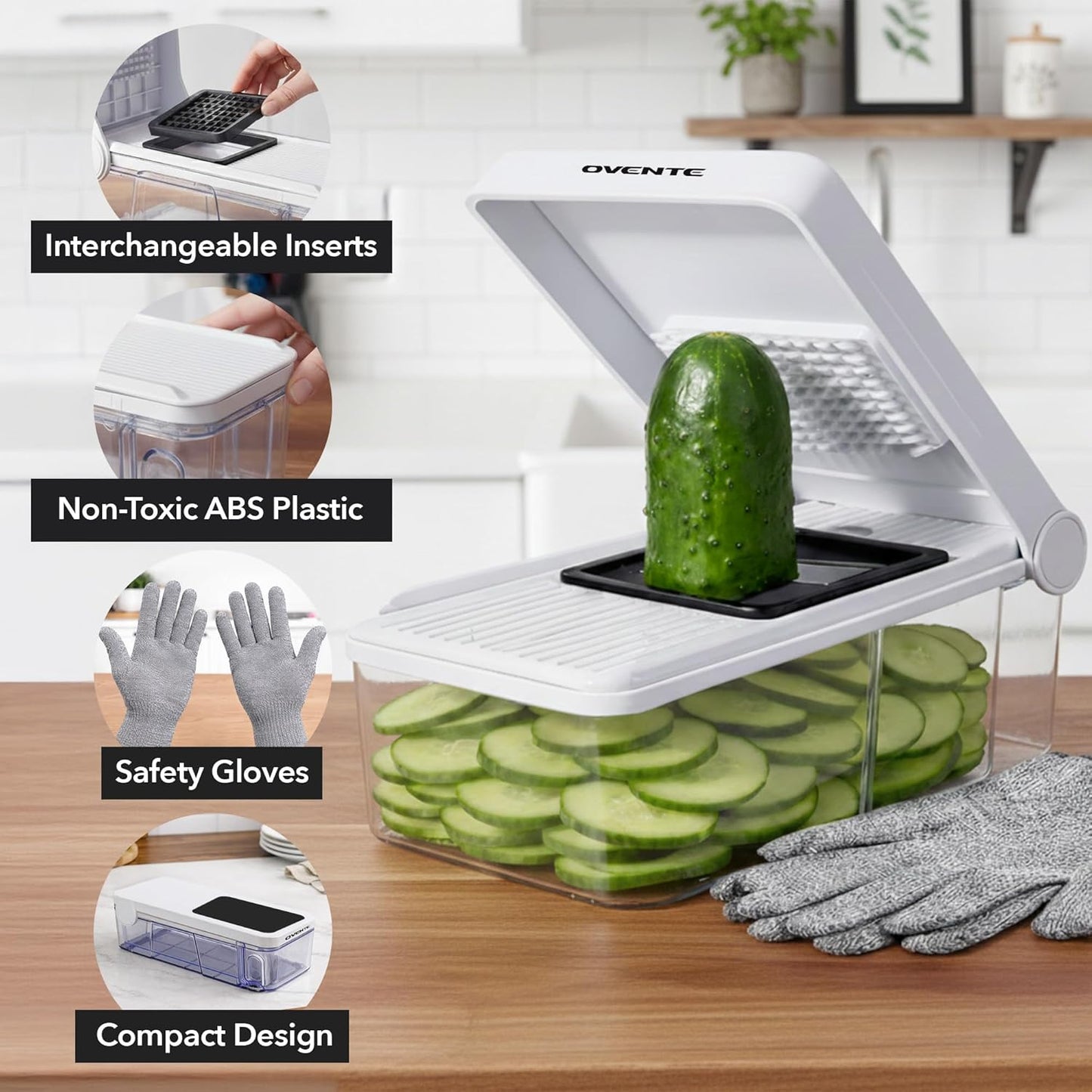 OVENTE Vegetable Chopper and Mandoline Slicer, 7-in-1 Multifunctional Kitchen Gadget & Food Cutter for Fruit, Onion, Potato, Cucumber, Cheese Grater, Veggie Spiralizer with Safety Gloves, White MD71W