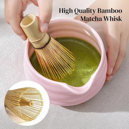DOWAN Matcha Whisk Set, 7 Pcs Matcha Set Includes Bowl with Spout, Whisk and Holder, Bamboo Scoop and Holder, Sifter and Tea Towel - Matcha Kit Gift for Lovers Beginners (Pink)
