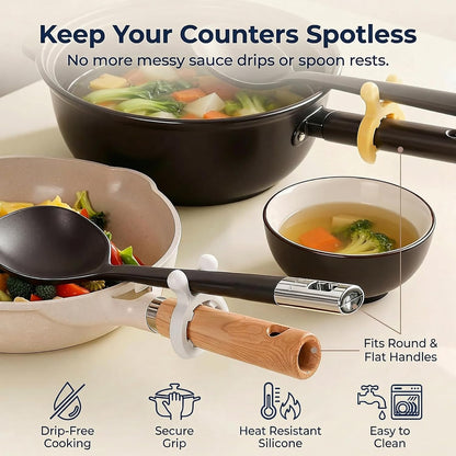 Multifunction Silicone Pot Clip Spoon Holder & Steam Releaser, Heat Resistant Spatula Rest for Pan Edge, Non-Slip Utensil Holder Kitchen Gadget to Prevent Boil Over & Drips