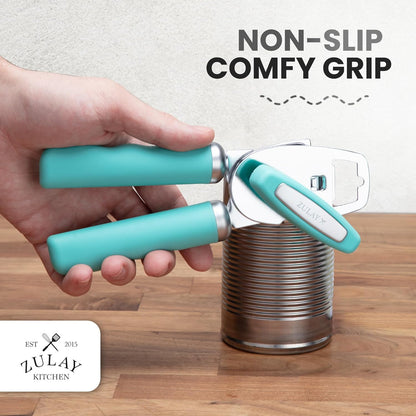 Zulay Kitchen Heavy Duty Stainless Steel Can Opener Manual with Bottle Opener - Rust Proof Manual Can Opener With Turn Knob & Comfy Soft Grip Handles - Black - Colors B