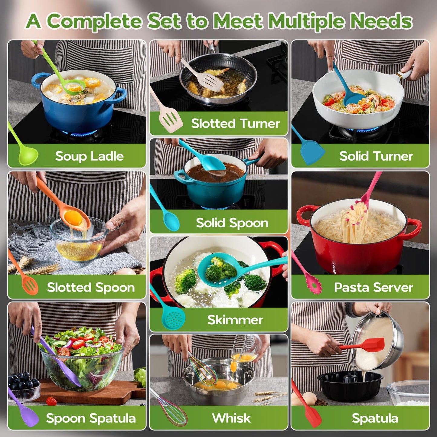 Onader Silicone Cooking Utensils Set of 10, Kitchen Utensils for Nonstick Cookware, Heat Resistant & Nontoxic Spatula Set- Khaki