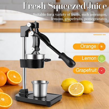 Cast Iron Manual Juicer Hand Press, Lemon Squeezer, Commercial-Grade Citrus Press Suitable for Oranges, Lemons, Limes, and Pomegranates Easy to Clean Includes Stainless Steel Cup, Black
