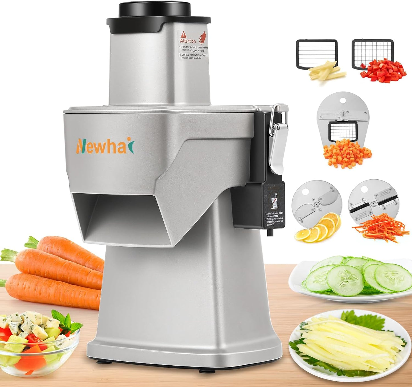4 in 1 Commercial Vegetable Dicer, Electric Food Chopper & 3 Blades | Multifunctional Automatic Veggie & Fruit Processor for Onion Potato Cabbage Lemon, 200W 110V Strip Cutter, Stainless Steel