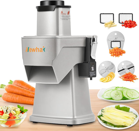 4 in 1 Commercial Vegetable Dicer, Electric Food Chopper & 3 Blades | Multifunctional Automatic Veggie & Fruit Processor for Onion Potato Cabbage Lemon, 200W 110V Strip Cutter, Stainless Steel