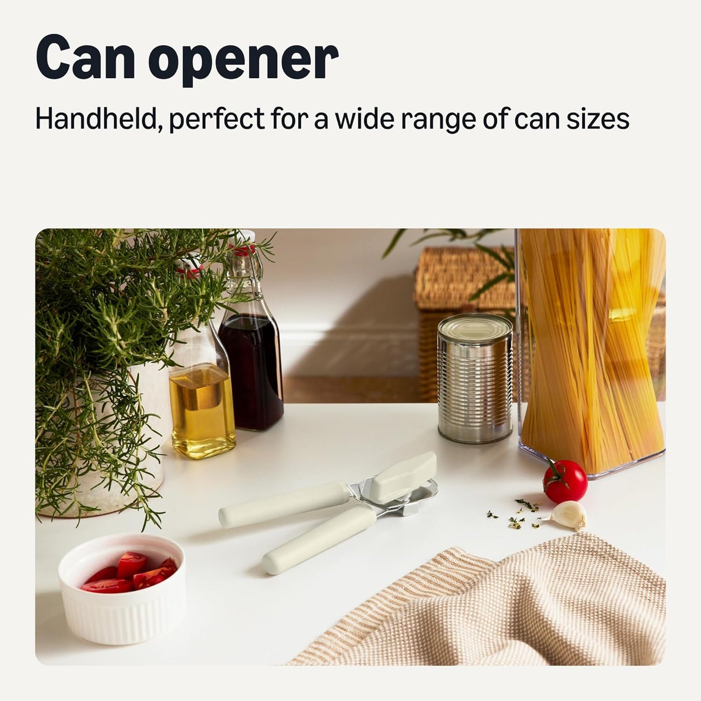 Amazon Basics Manual Can Opener with Stainless Steel Construction, Soft Grip Handle, Dishwasher Safe, Linen Gray