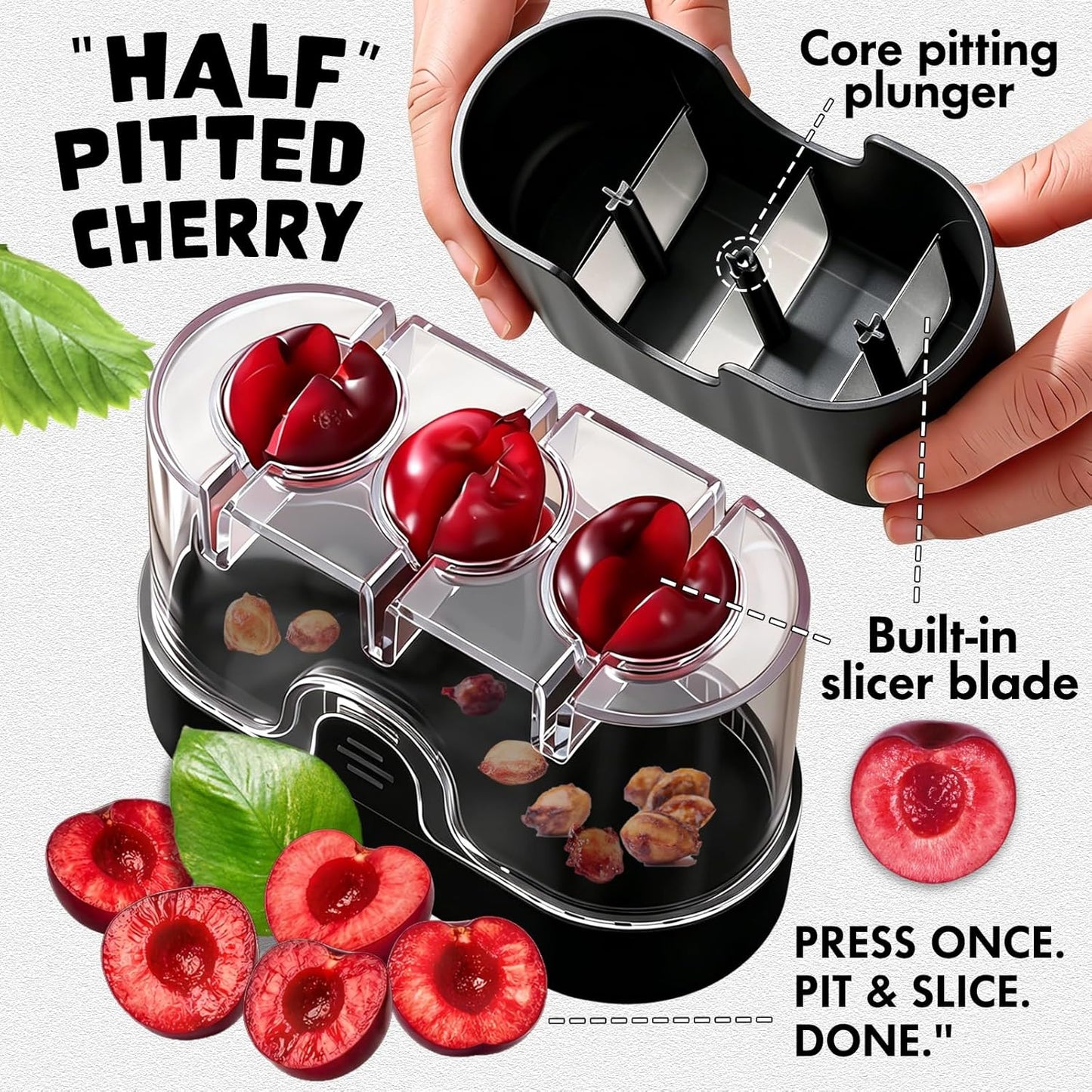 2-in-1 Cherry Pitter & Half Slicer, 3-Hole Cherry Seed Remover with Built-in Blade, with Clear Container (Apple Green)