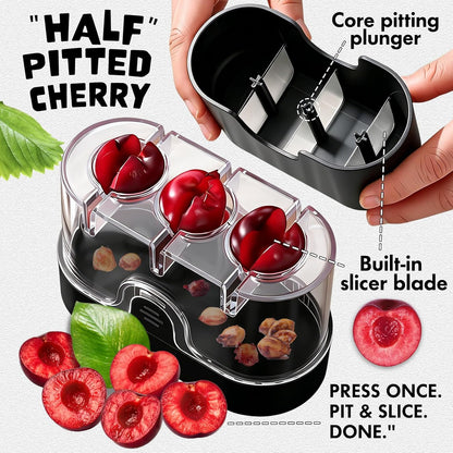 2-in-1 Cherry Pitter & Half Slicer, 3-Hole Cherry Seed Remover with Built-in Blade, with Clear Container (Apple Green)
