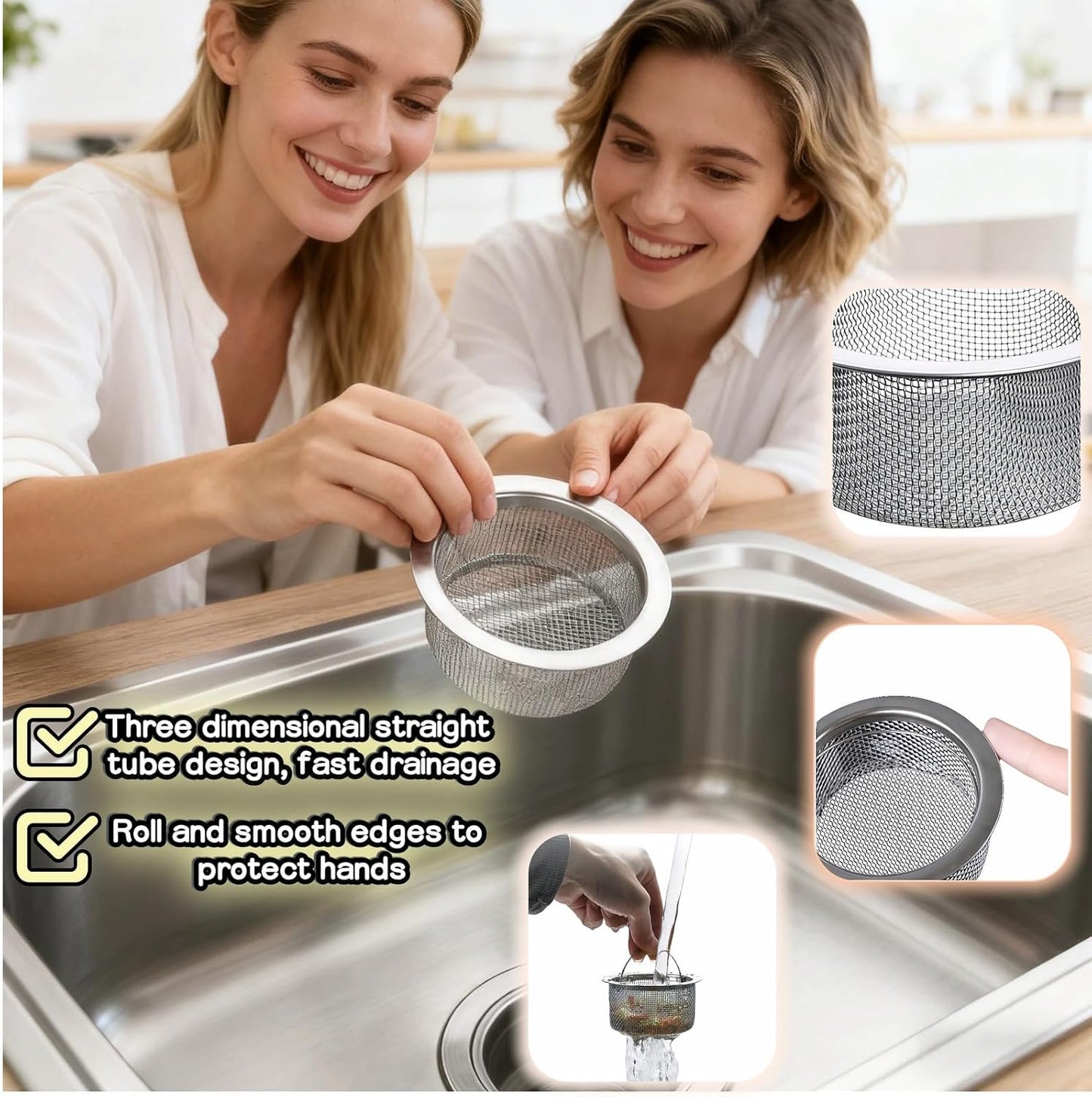 3" Kitchen Sink Strainer, 2-Pack Fine Mesh Basket - Catches Food Waste, Hair & Prevents Clogs, Rust-Proof Stainless Steel, Fits Standard Drain