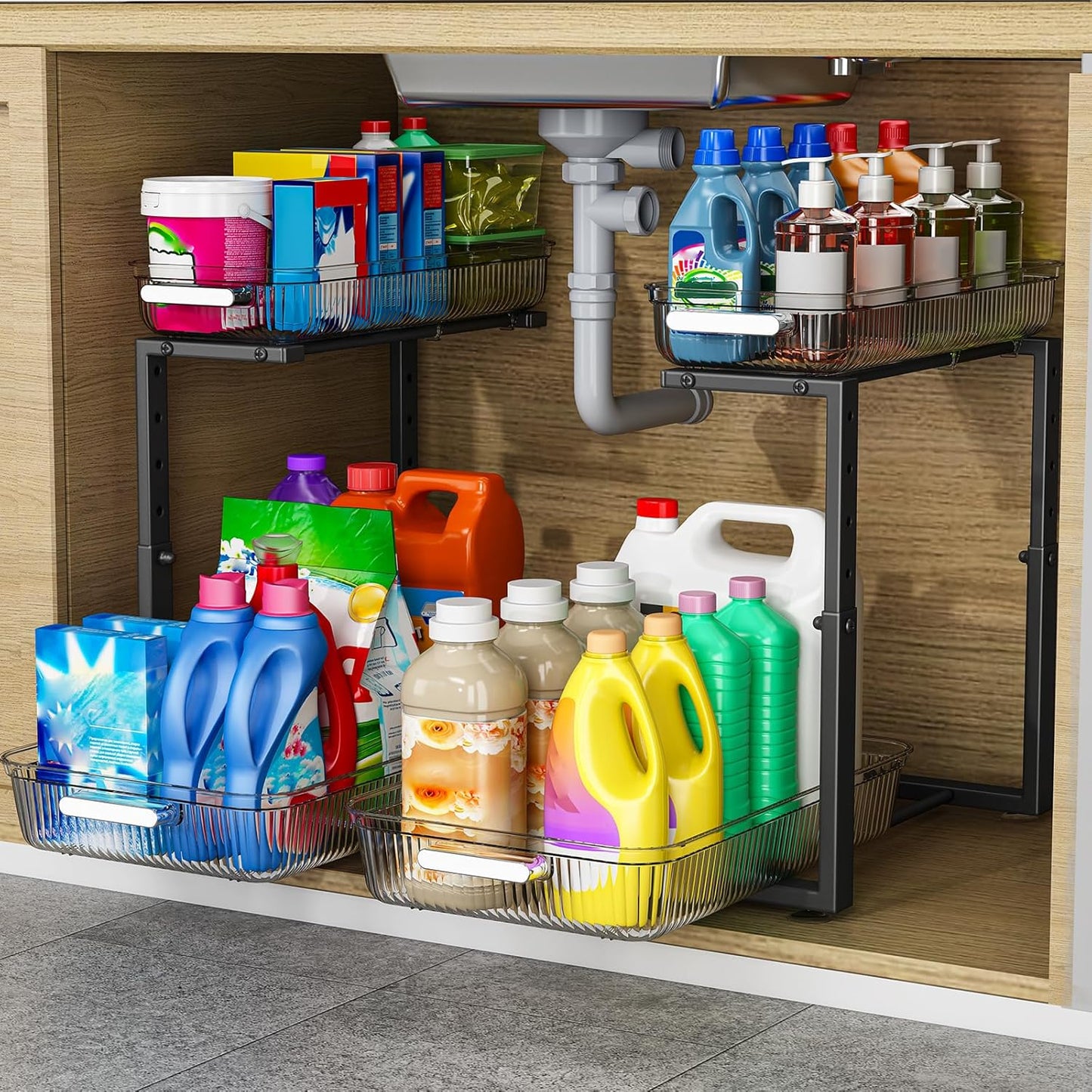 ARSTPEOE Under Sink Organizer - 2 Packs Multi-Purpose Pull-Out Storage Organizers, Slide out Pull out Metal Cabinet Organizer Shelf, Storage for Kitchen Bathroom, Black