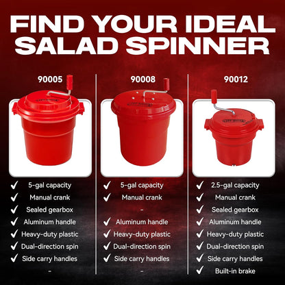 5 Gallon Chef Master Commercial Salad Spinner Dryer – Hand Powered Manual Lettuce Spinner and Fruit Washer Bowl w/ Strainer - Sealed Gearbox, Built In Brake System - Durable Spinner Mechanism - 90005