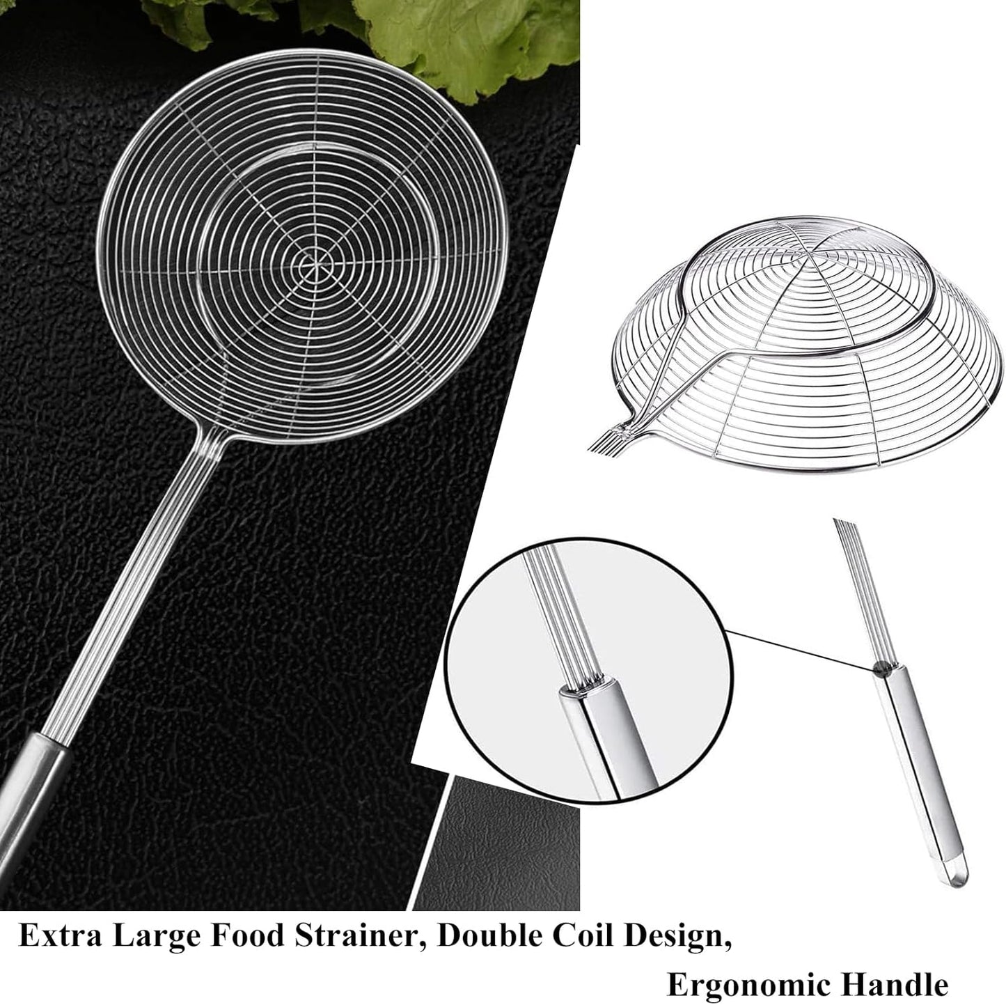 Tenta tenta kitchen Solid Stainless Steel Spider Strainer Skimmer Ladle for Cooking and Frying, Kitchen Utensils Wire Strainer Pasta Strainer Spoon Hot Pot Fat Skimmer Spoon Set of 3