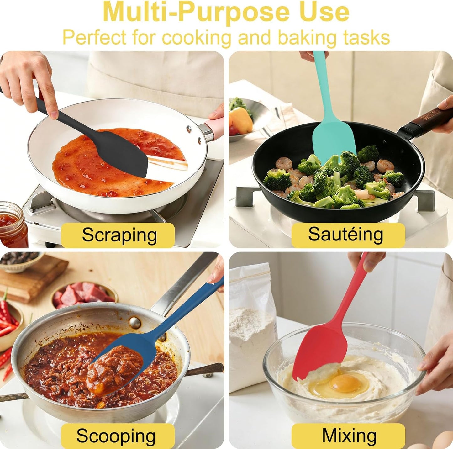 4 Pcs Silicone Spoon Spatula Set, 11.4 In, Food Grade Rubber Spatulas for Cooking, Baking, Mixing, 600°F Heat Resistant, Nonstick and Flexible Kitchen Utensils, Seamless Spoonula (Black)