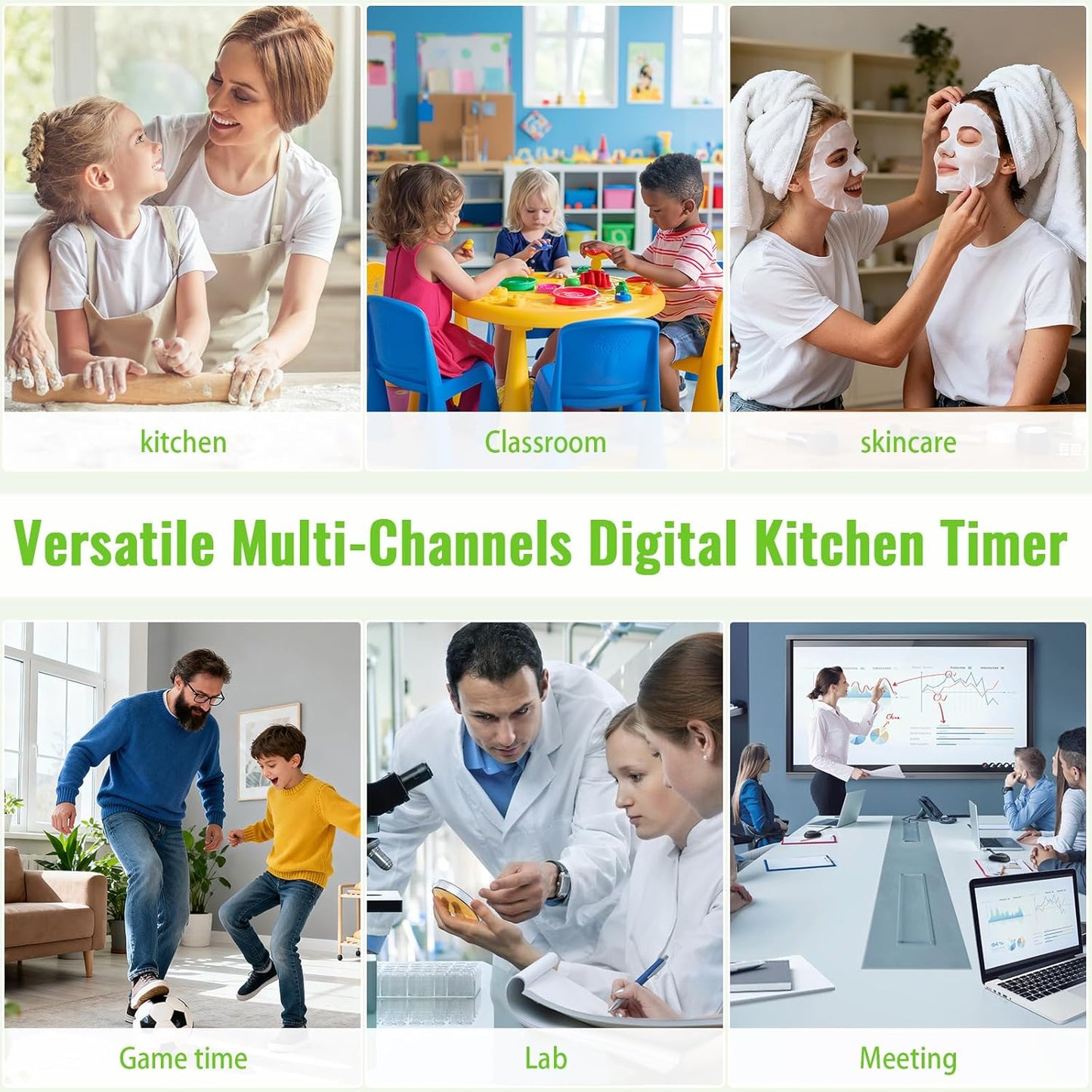 Digital Dual Kitchen Timer, 4-Channel Magnetic Countdown Timer for Cooking, On/Off, Large Display Multi Food Loud Alarm Silent for Classroom Seniors Battery Included (Black)
