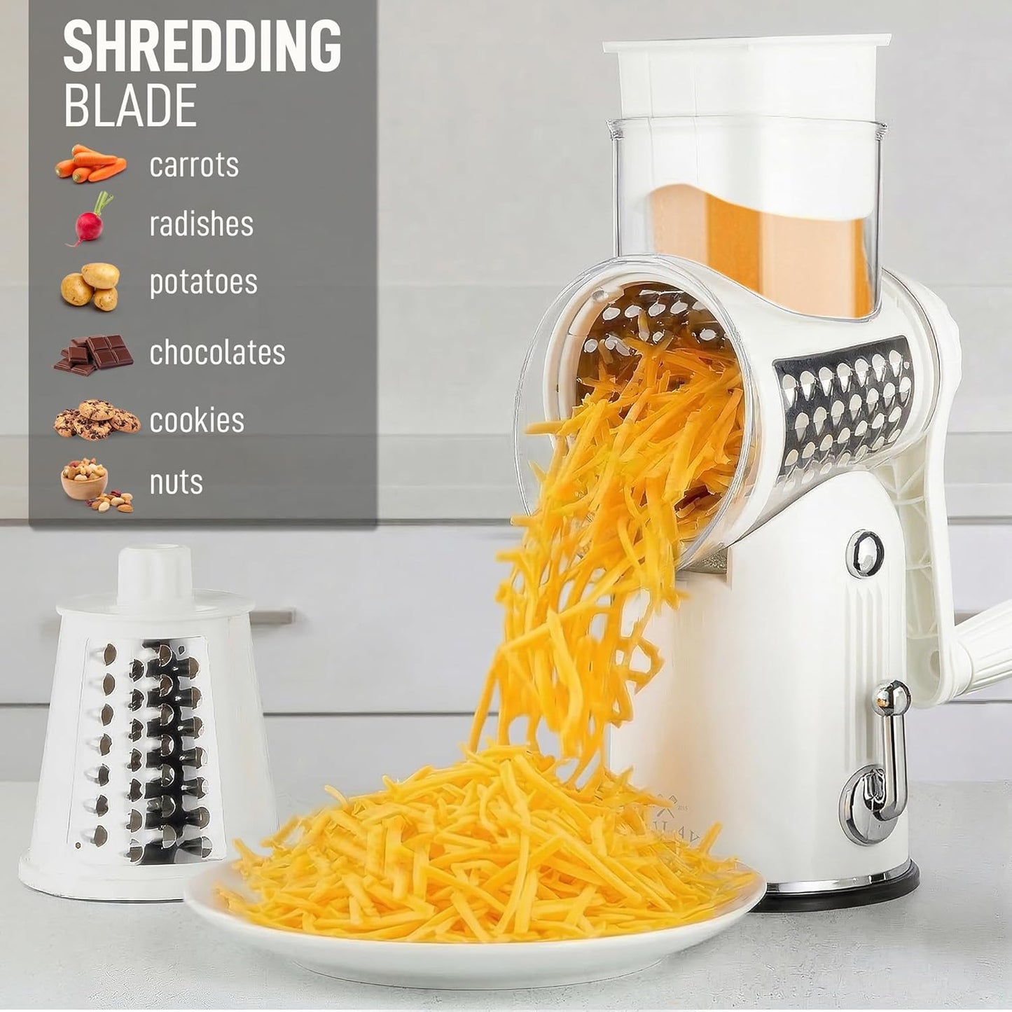 Zulay Kitchen Rotary Cheese Grater 5 Blade Cheese Shredder - Manual Hand Crank Cheese Grater With Reinforced Suction & 5 Interchangeable Drums - Easy to Use, Vegetable Chopper Round Mandoline Slicer - Colors A