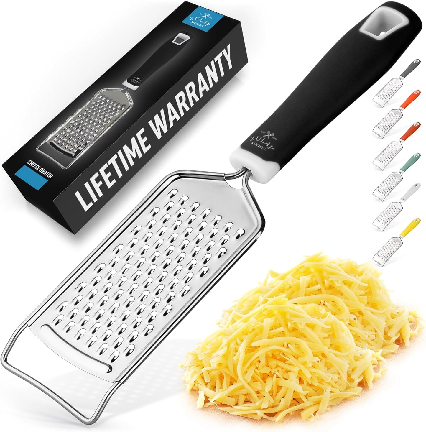 Zulay Kitchen Professional Cheese Grater Stainless Steel - Durable Rust-Proof Metal Lemon Zester Grater With Handle - Flat Handheld Grater For Cheese, Chocolate, Spices, And More - White