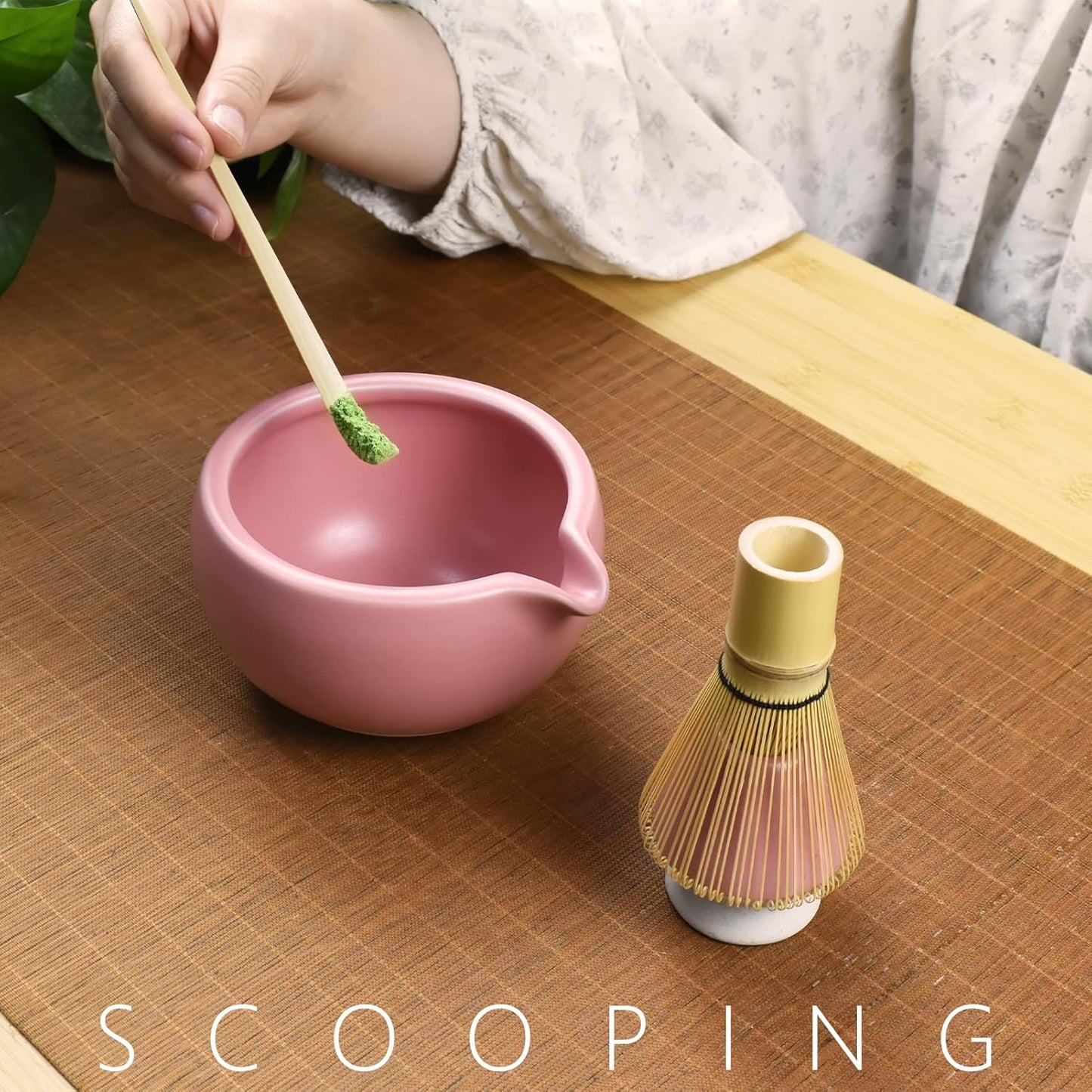 Artcome 4 Pcs Complete Matcha Ceremony Kit - Japanese Bowl With Pouring Spout, Whisk, Holder, Scoop - Tea Set for Making Usucha, Koicha and Latte (Green)
