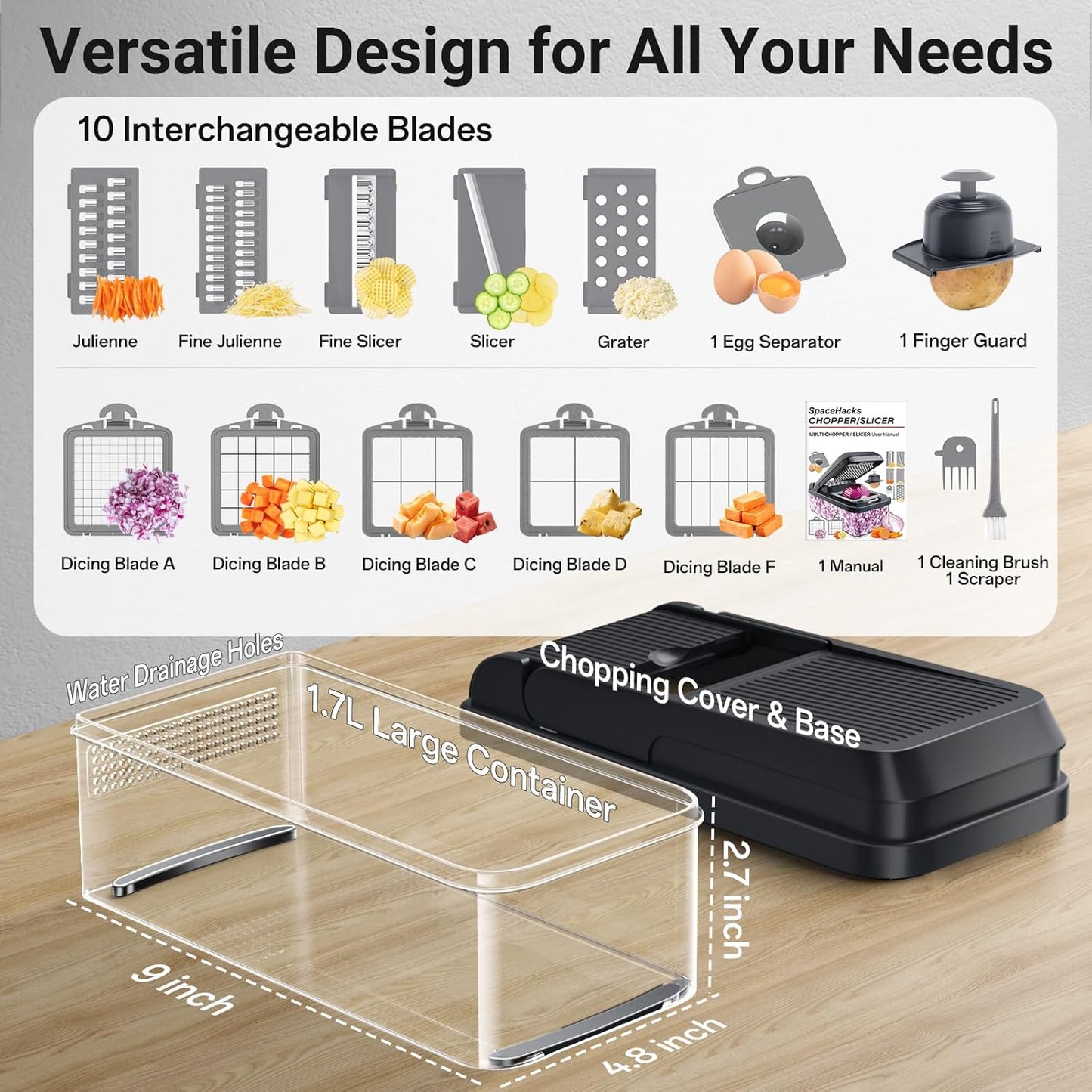 SpaceHacks 12-in-1 Vegetable Chopper, Kitchen Gadgets with 7 Blades, Veggie, Food, Onion Chopper, Cucumber Slicer, Versatile Mandoline, Includes Egg Separator & Finger Guard, Gray