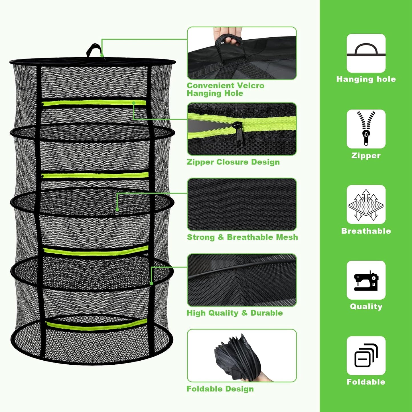 MEKOLIFE Herb Drying Rack Hanging-8 Layer, Collapsible Large Capacity Mesh Net with Green Zipper, Hooks & Bonus Garden Scissors, for Fresh Herbs/Flowers/Plants, Indoor Outdoor Use (23.62")