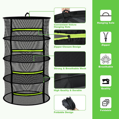 MEKOLIFE Herb Drying Rack Hanging-8 Layer, Collapsible Large Capacity Mesh Net with Green Zipper, Hooks & Bonus Garden Scissors, for Fresh Herbs/Flowers/Plants, Indoor Outdoor Use (23.62")