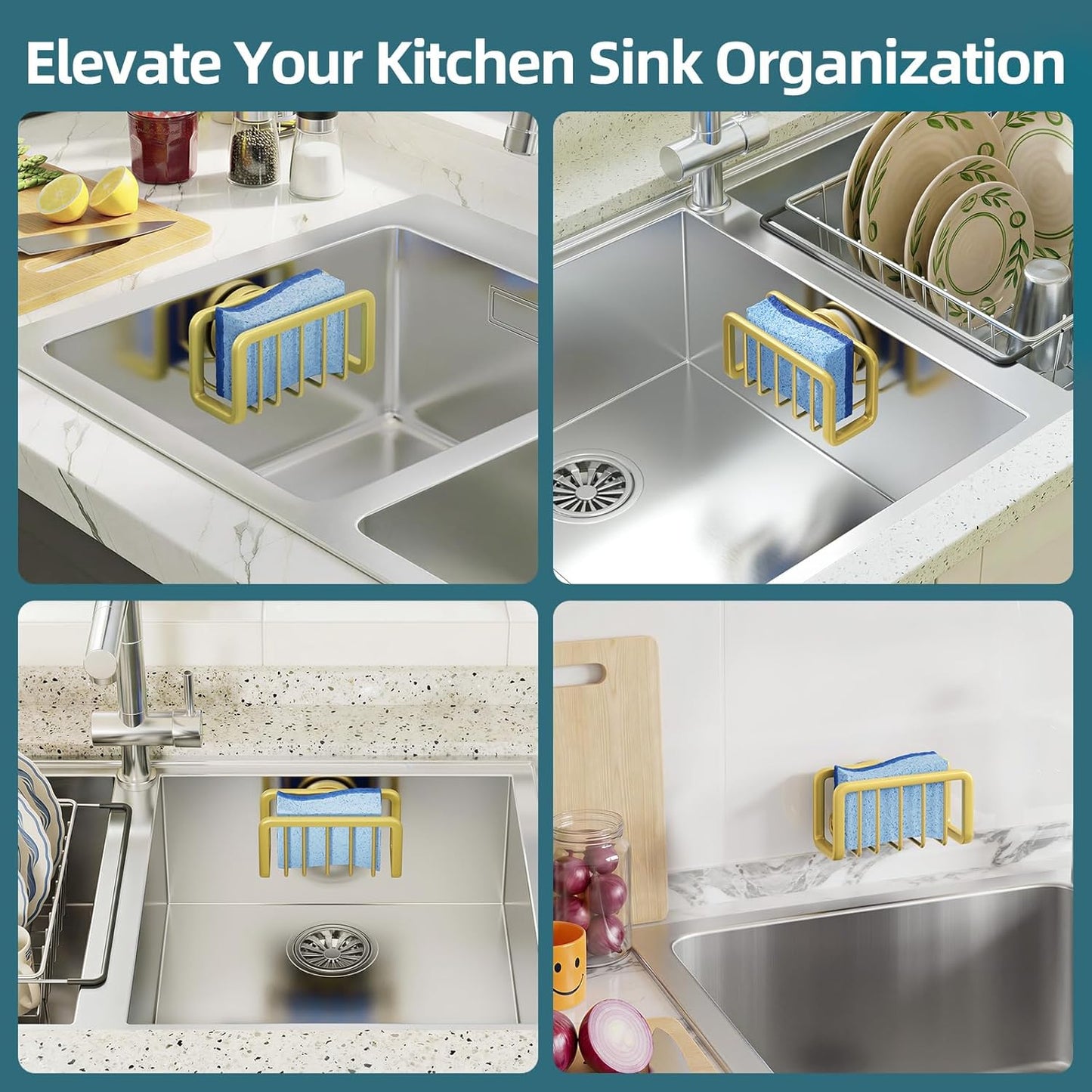 TAILI 4-in-1 Sink Caddy with Strong Suction Cup, Sponge Holder for Kitchen Sink Organizer, Removable, Rustproof, Stainless Steel Holder for Sponge, Brush, Scrubber, Scraper - Silver