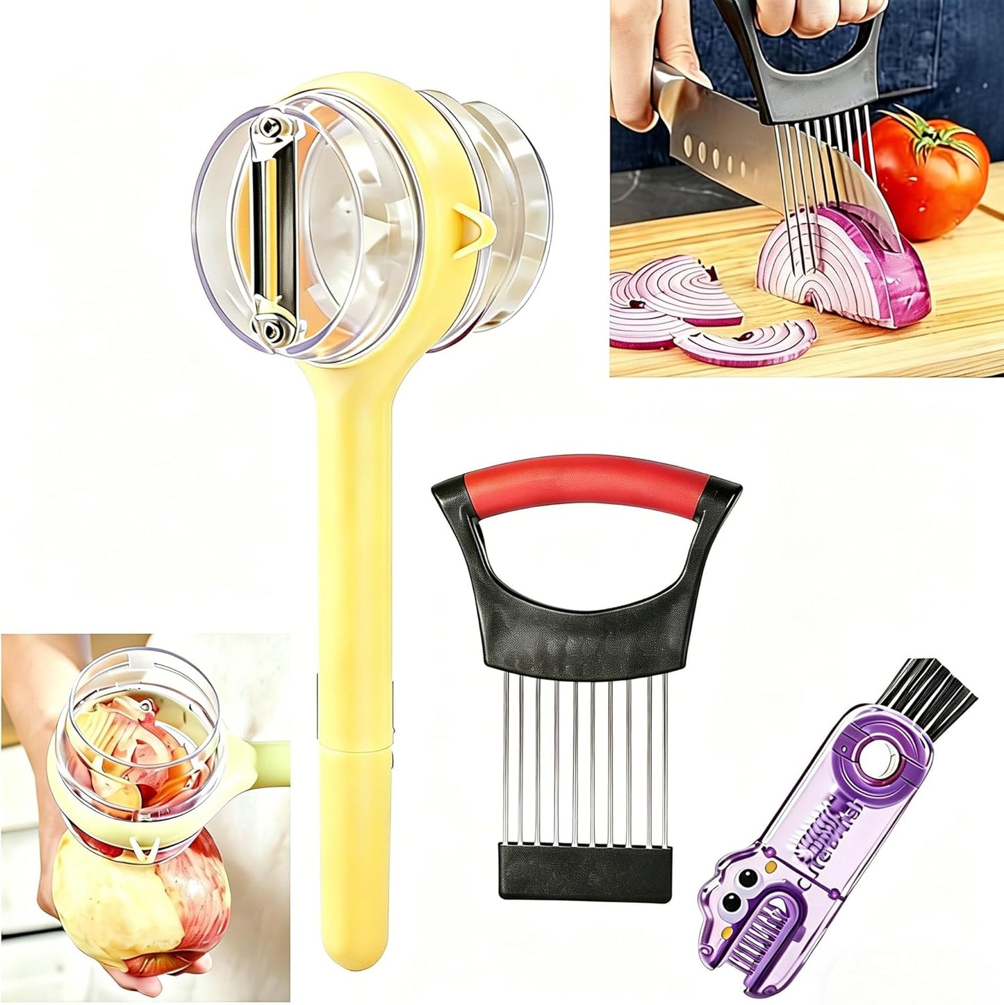 3-Piece Kitchen Set – Stainless Steel Onion Holder Slicer with 10 Forks, Peeler with Storage Box, 3-in-1 Cup Lid & Gap Brush – for Slicing Potato, Avocado, Eggs, Lemon, Meat