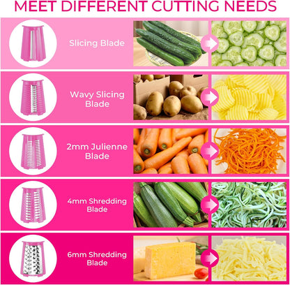 SUSTEAS Rotary Cheese Grater with Handle - Vegetable Shredder with 5 Well-designed Blades & Strong Suction Base,Round Mandoline Slicer & Food Chopper for Kitchen,with Blade Storage Box(Beige)