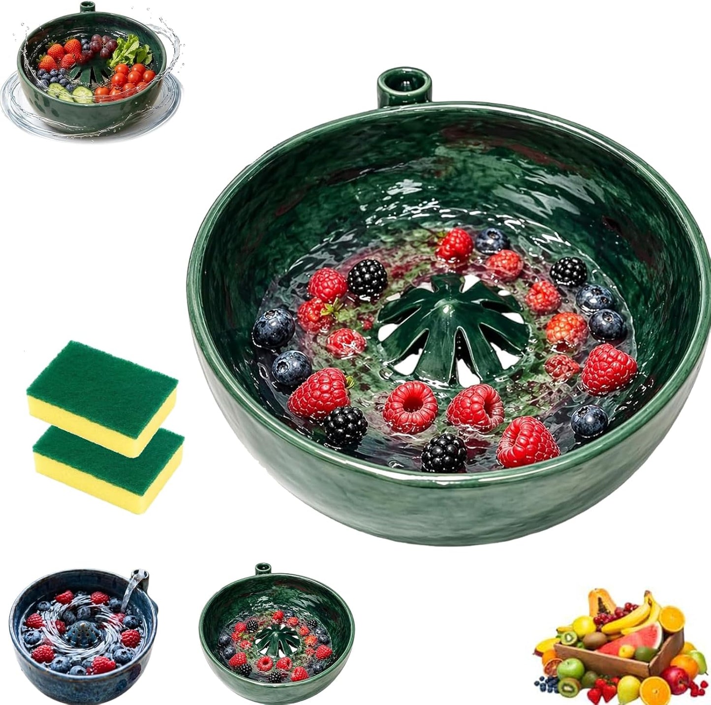The Original Artisan Swirling Berry Bowl, Self Rinsing Berry Bowl with Drain Holes, Vortex Fruit Washing Design, Automatic Rotating Strainer Basket for Berries Vegetables Serving (1PCS*B)