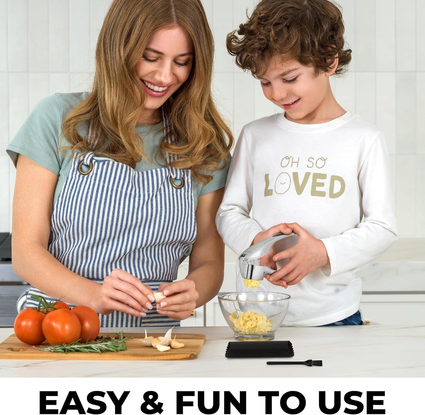 Zulay Kitchen Premium Garlic Press Set - Rust Proof Professional Garlic Mincer Tool - Easy-Squeeze, Easy-Clean with Soft, Ergonomic Handle - Silicone Garlic Peeler & Brush (Silver)