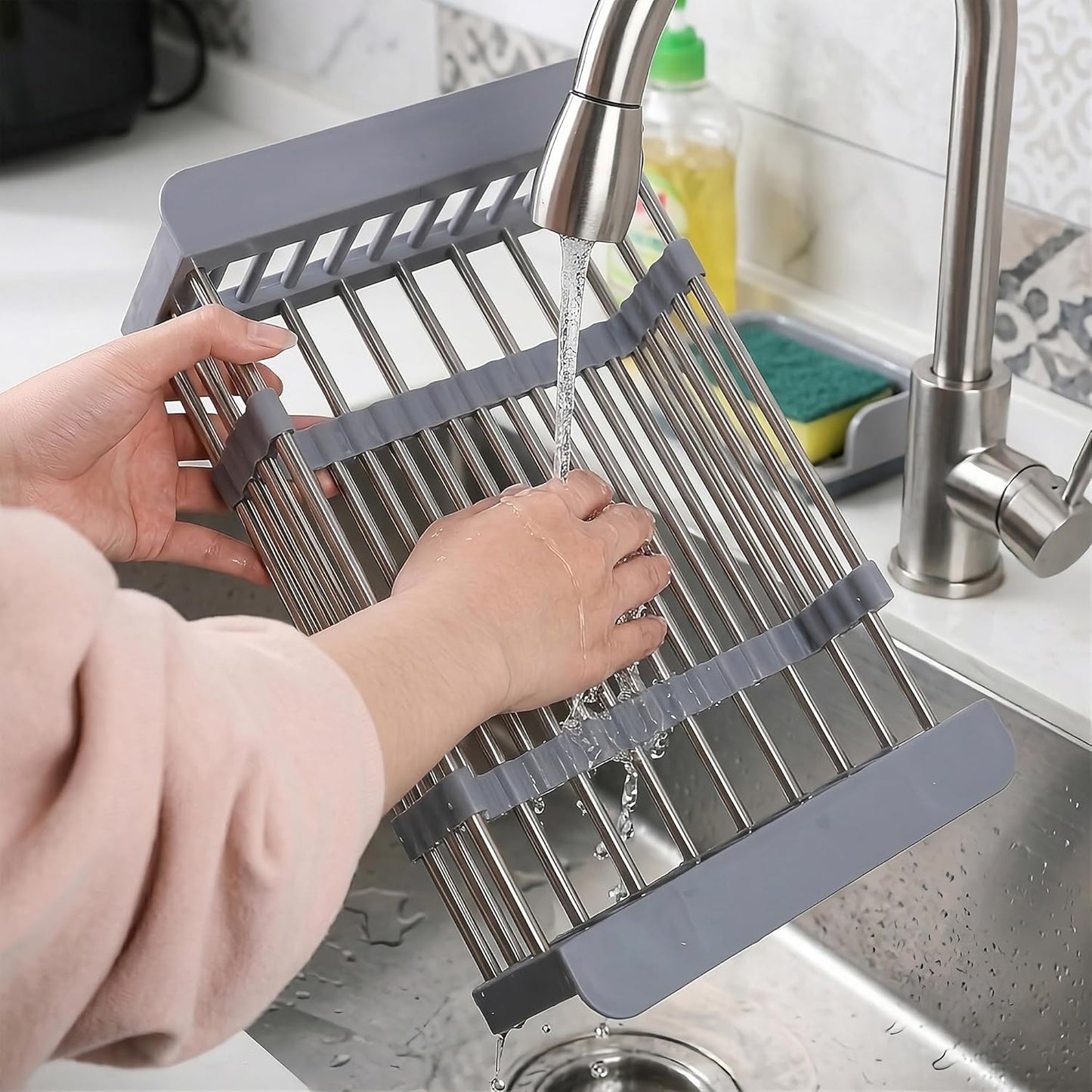 Extend Kitchen Sink Drain Basket, Adjustable Dish Drying Rack Over The Sink, Stainless Steel Kitchen Retractable Drain Sink Accessories Portable & Telescopic Space-Saving Extender for Vegetable, Fruit