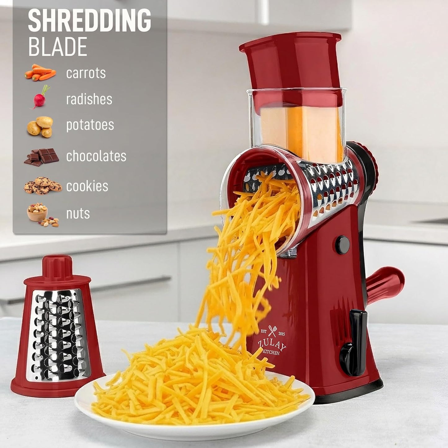 Zulay Kitchen Rotary Cheese Grater 5 Blade Cheese Shredder - Manual Hand Crank Cheese Grater With Reinforced Suction & 5 Interchangeable Drums - Easy to Use, Vegetable Chopper Round Mandoline Slicer - Colors B