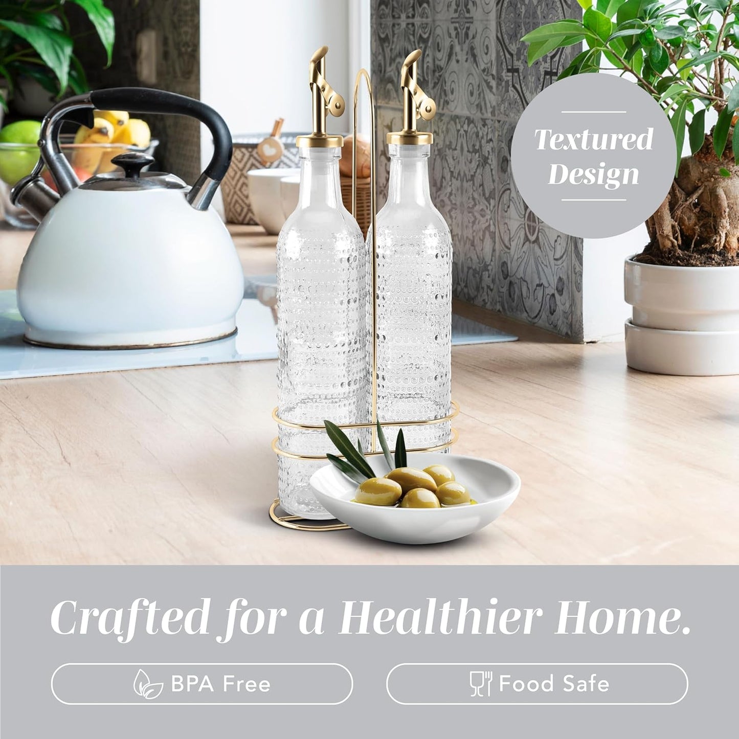 COOK WITH COLOR Glass Olive Oil Bottle Dispenser - 2 Pack- 17oz Oil and Vinegar Cruet - Olive Oil Carafe Decanter for Kitchen, Elegant Waves, Clear