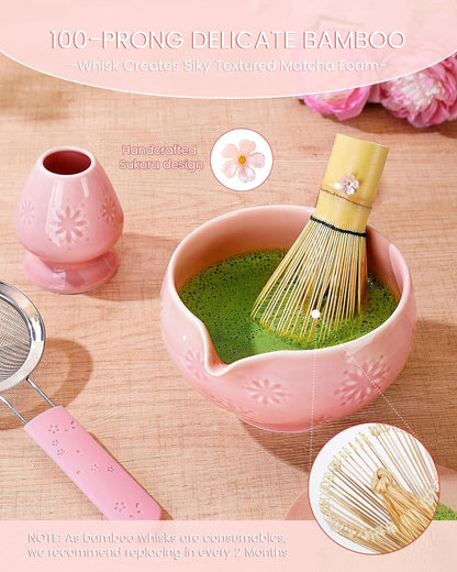Matcha Whisk Set, 6pcs Matcha Kit Set Includes Matcha Bowl, Innovative Bamboo Whisk & Scoop with Cute Charm, Chasen Holder, 304 Sifter & Tea Mat for Japanese Tea Ceremony, Jade Green