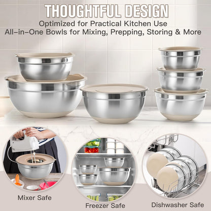 31PCS Mixing Bowls with Lids Set, 5.5QT to 0.6QT Stainless Steel Nesting Bowls with Graters, Large Khaki Bowls & 21 Measuring Cups and Spoons Set Kitchen Appliances for Mixing, Baking, Food Storage