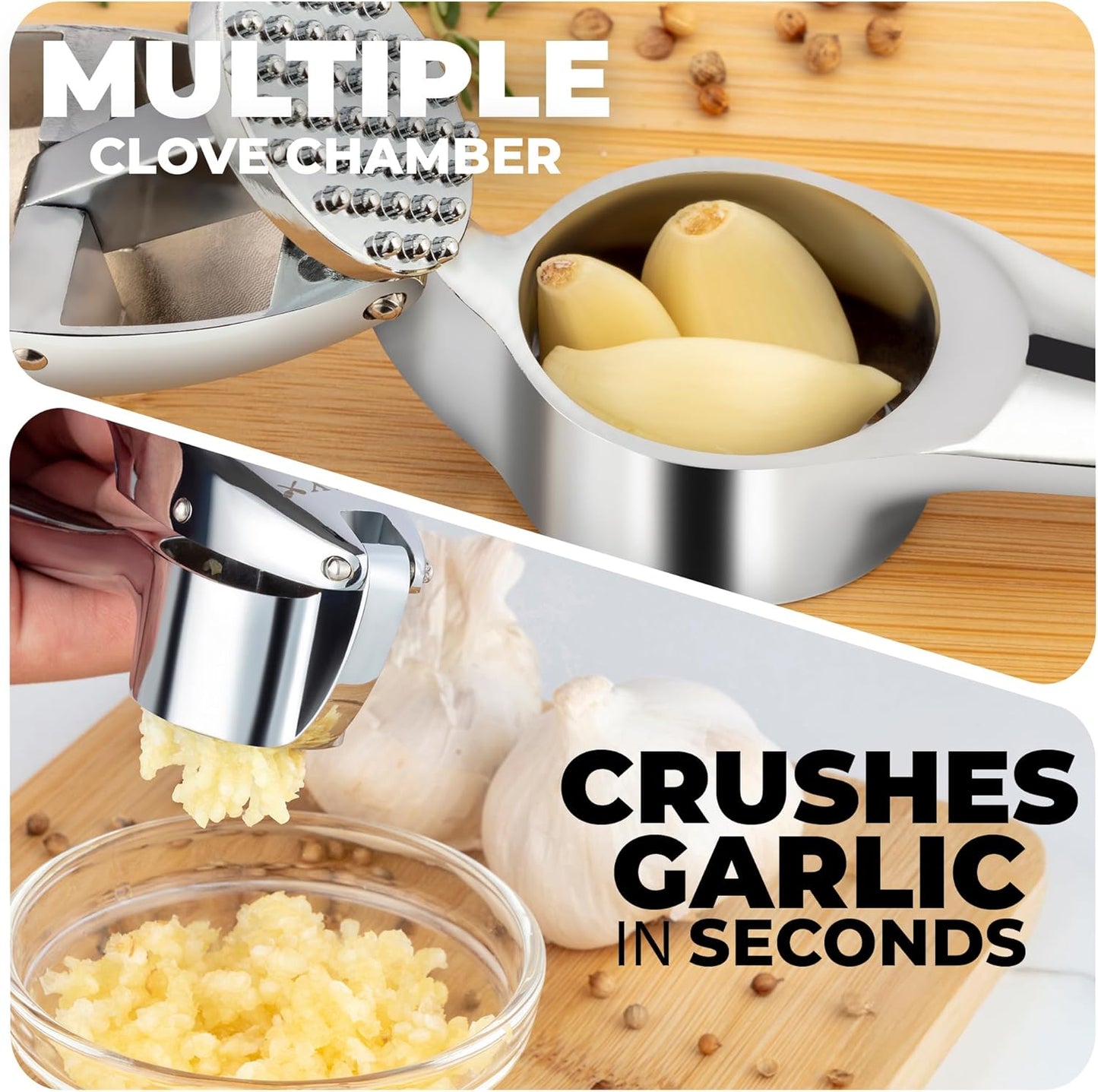 Zulay Kitchen Premium Garlic Press Set - Rust Proof Professional Garlic Mincer Tool - Easy-Squeeze, Easy-Clean with Soft, Ergonomic Handle - Silicone Garlic Peeler & Brush (Silver)