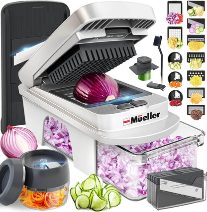 Mueller Pro-Series 10-in-1, 8 Blade Vegetable Chopper, Onion Mincer, Cutter, Dicer, Egg Slicer with Container, French Fry Cutter Potato Slicer, Home Essentials, Salad Chopper White Sand/Green