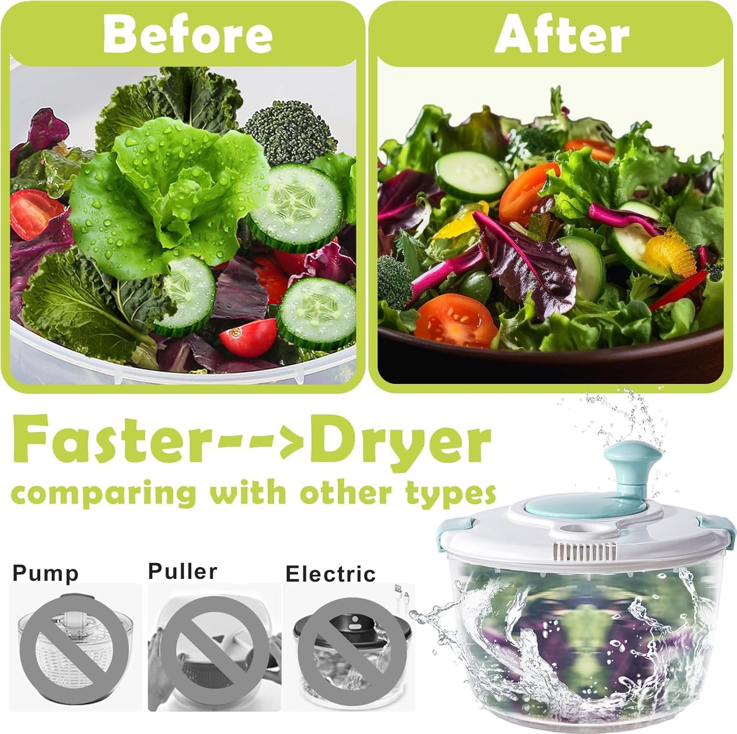 LEPCY Salad Spinner, Durable Bowl Never Crack. 4.8 Qt Large Capacity Lettuce and Vegetable Spinner with Storage Lid, Non-skid Base. Gifts for Mom Women Parents