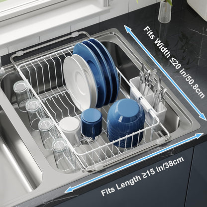 JASIWAY Roll Up Dish Drying Rack, Expandable (12.8"-23.8" D x 12.8" W) Stainless Steel Portable Drainer for Kitchen Sink Counter, Foldable Over The Sink Cover with Removable Utensil Holder
